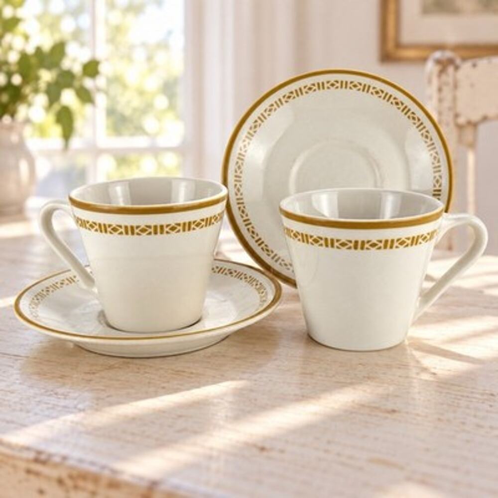 Vintage Syracuse China Syralite Gold Geometric Coffee Cups Saucers Set of 2